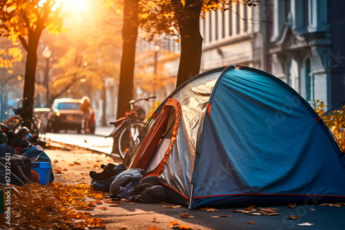 A makeshift tent camp for the homeless set up on a city street, highlighting a pressing urban issue. © Uliana