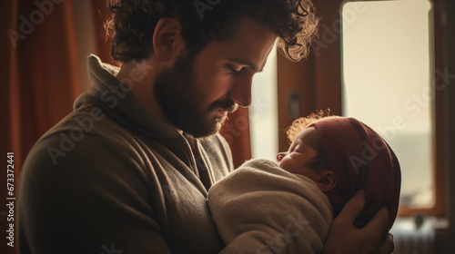 Father Holding His Newborn Baby Son at Home. Fatherhood and parenting at home Concept