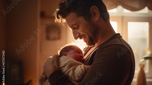 Smiling Father Holding His Newborn Baby Son at Home. Fatherhood and parenting at home Concept