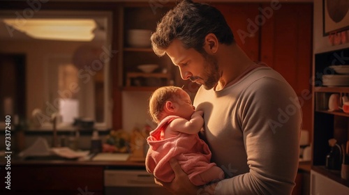 Father Holding His Newborn Baby Son at Home. Fatherhood and parenting at home Concept