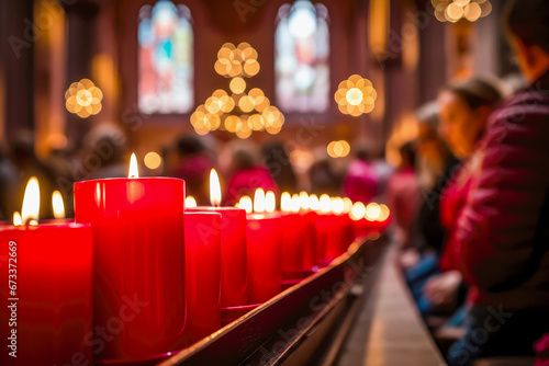 red candles in a church where people attend the Christmas service. AI generated photo