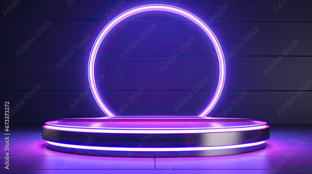 Illuminated round podium with a soft blue gradient background. High-key sleek metallic podium with a neon halo set against a dark backdrop. Podium template for product display Illuminated round podium with a soft blue gradient background. High-key sleek metallic podium with a neon halo set against a dark backdrop. Podium template for product display