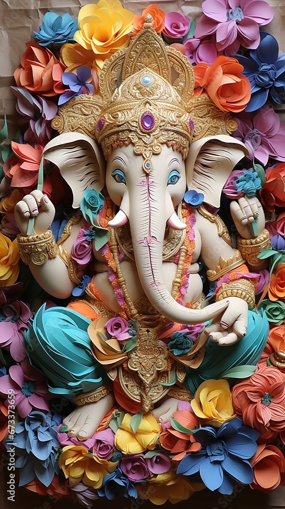 The Origami of the Indian God Ganesha Contains Colorful Flower Crafts