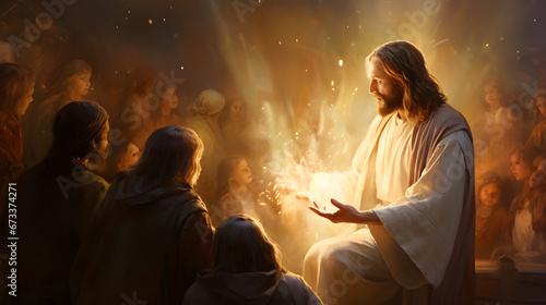 Jesus performing a miracle in front of a crowd