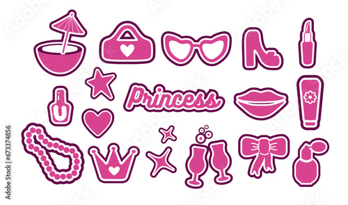 Popular pink collection for girls. heart, shoe, star, lipstick, glass, crown. logo, sticker, individual elements on a white background. for print, banner, postcard. vector art illustration. barbie 
