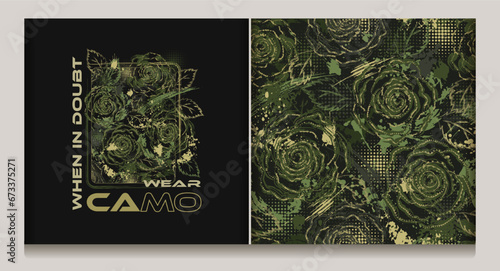 Khaki green camouflage label, pattern with roses, splattered paint, paint brush strokes, leaves, halftone shapes, text Wear Camo. Grunge texture. For sport goods, textile design. Not AI