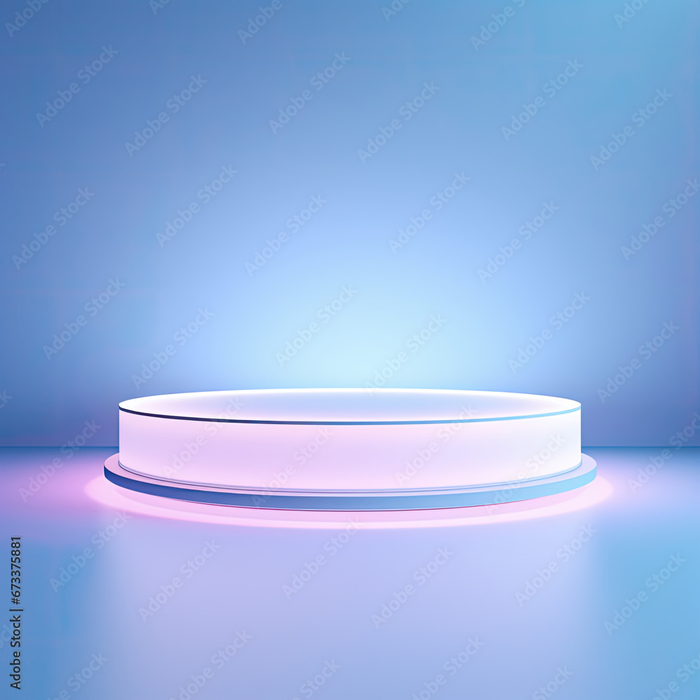 Illuminated round podium with a soft blue gradient background. High-key sleek metallic podium with a neon halo set against a dark backdrop. Podium template for product display Illuminated round podium with a soft blue gradient background. High-key sleek metallic podium with a neon halo set against a dark backdrop. Podium template for product display