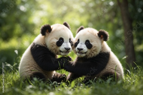 cute cuddly panda babies playing with each other in the green grass. ai generative