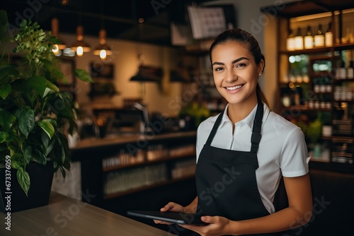 Happy woman, tablet and portrait of barista at cafe for order, inventory or checking stock in management. Female person, waitress or employee on technology small business at coffee shop restaurant photo