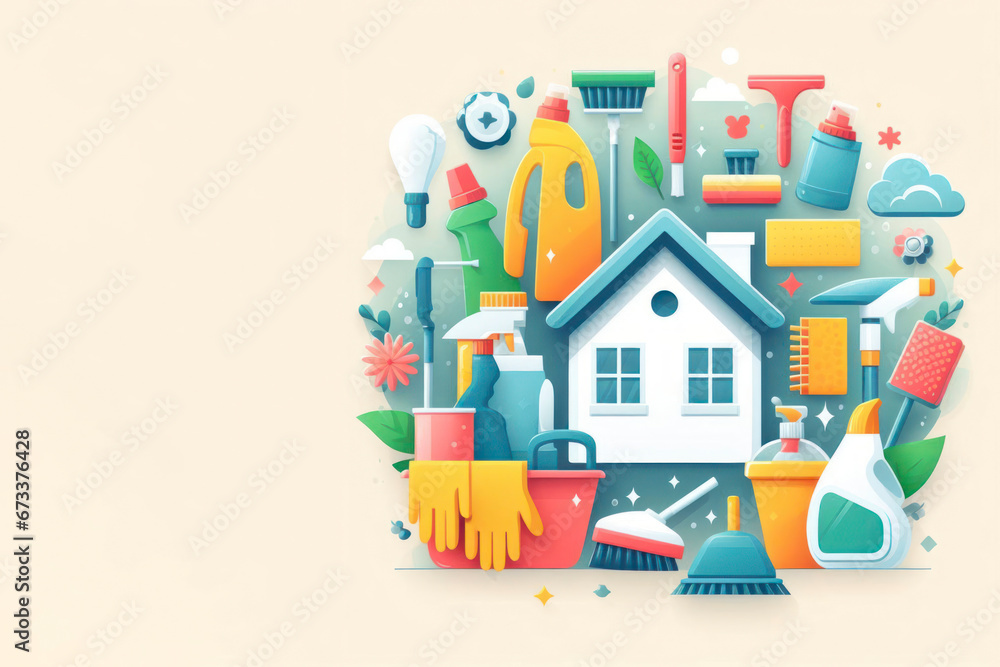 A creative composition of cleaning products and appliances for housework. ai generative