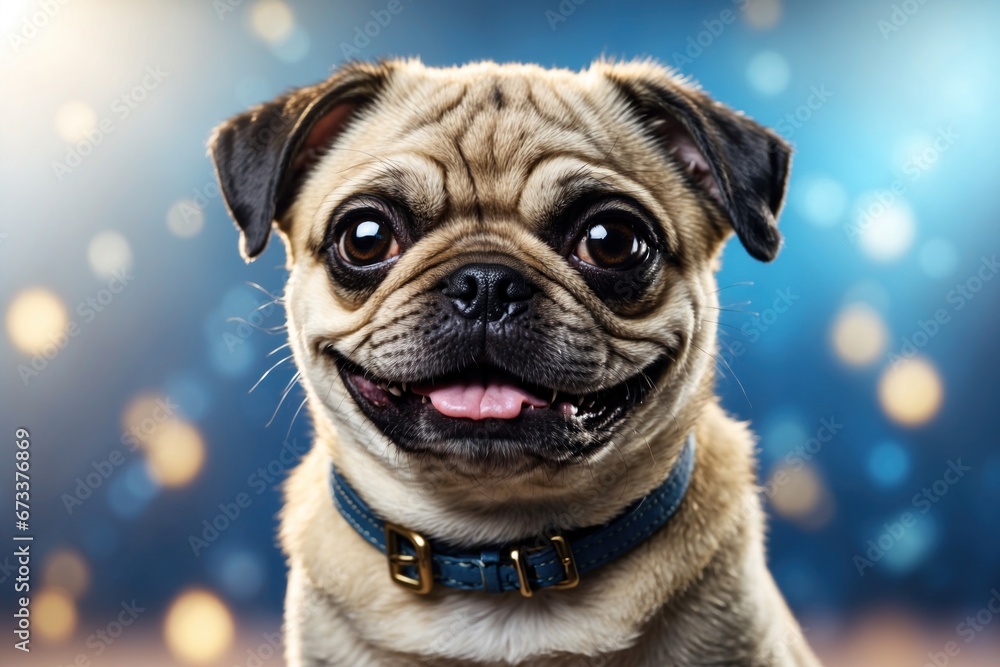 Cute puppy Pug portrait. A happy smiling puppy on a blue background. ai generative
