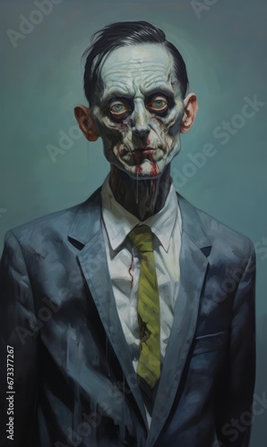 A portrait of a zombie adorned in a suit.