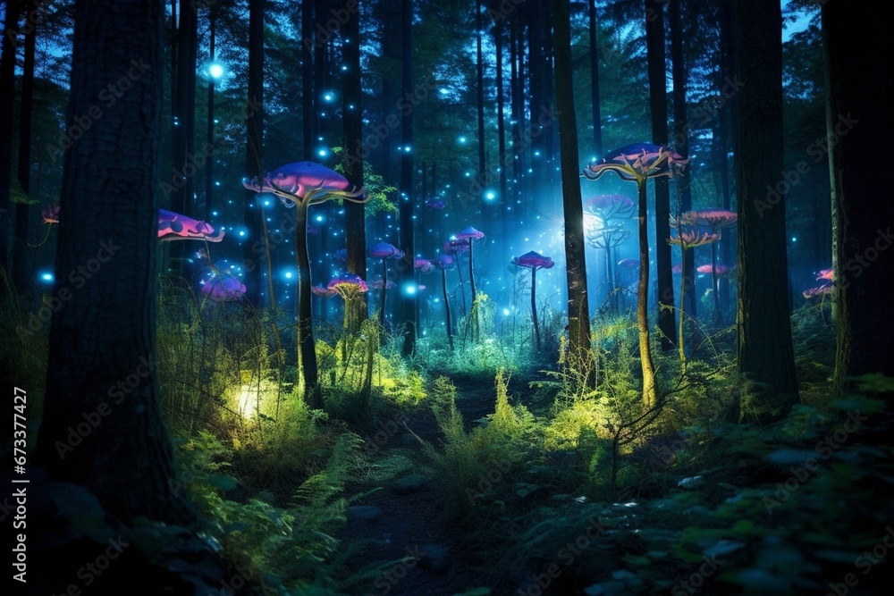 Neon-lit enchanted forest at night. Generative AI