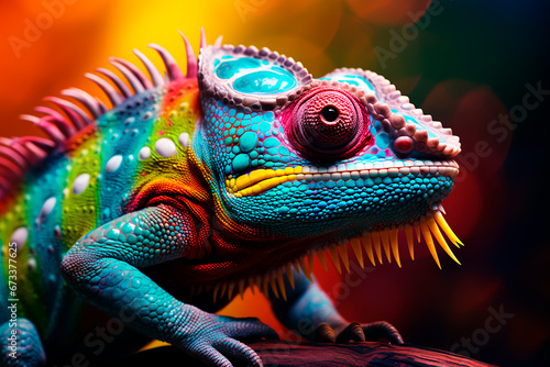 Closeup view of a brilliantly colorful chameleon lizard displaying its vibrant hues and intricate patterns. Bright image.  © Uliana