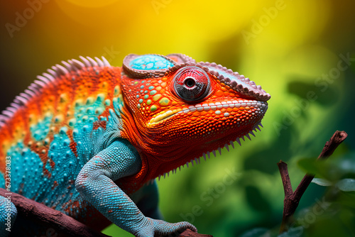 Closeup view of a brilliantly colorful chameleon lizard displaying its vibrant hues and intricate patterns. Bright image. 