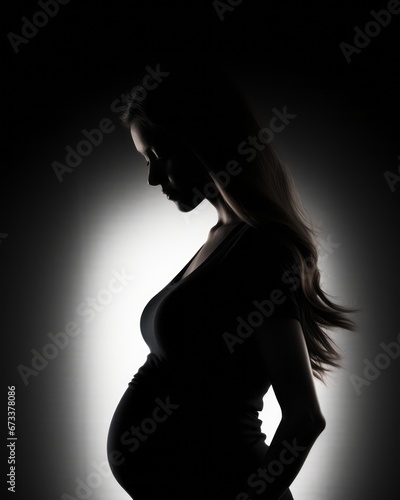 A backlit silhouette of a pregnant woman showcasing shapes. © Artur