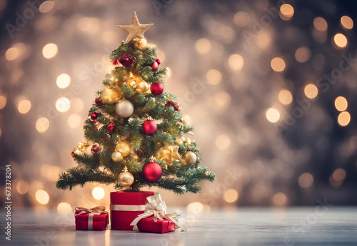 Decorated Christmas tree on blurred background.AI generated