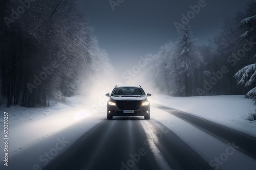 A car traveling on a winter road through the fog, generative AI © DigitalCanvas