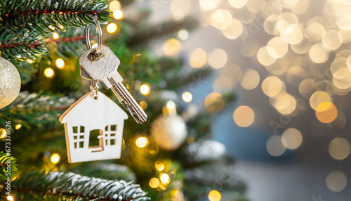 House key on Christmas tree, blurred lights on background. Mortgage and home loan, moving in new apartment in new year. Copy space