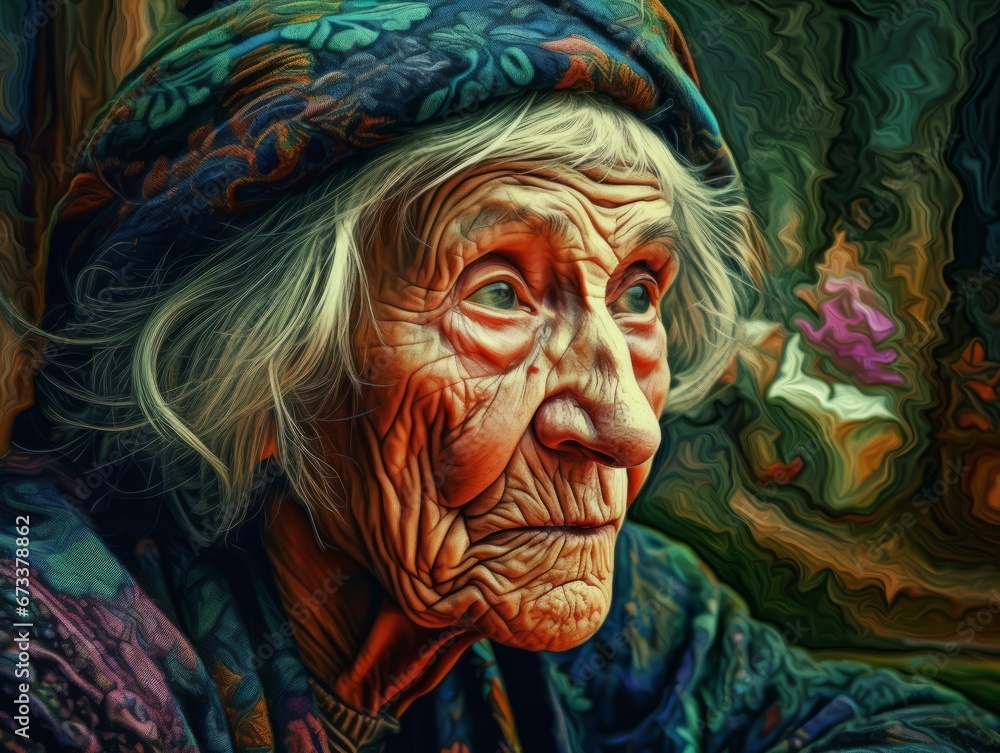 deep dream style, portrait of an old lady, grandma