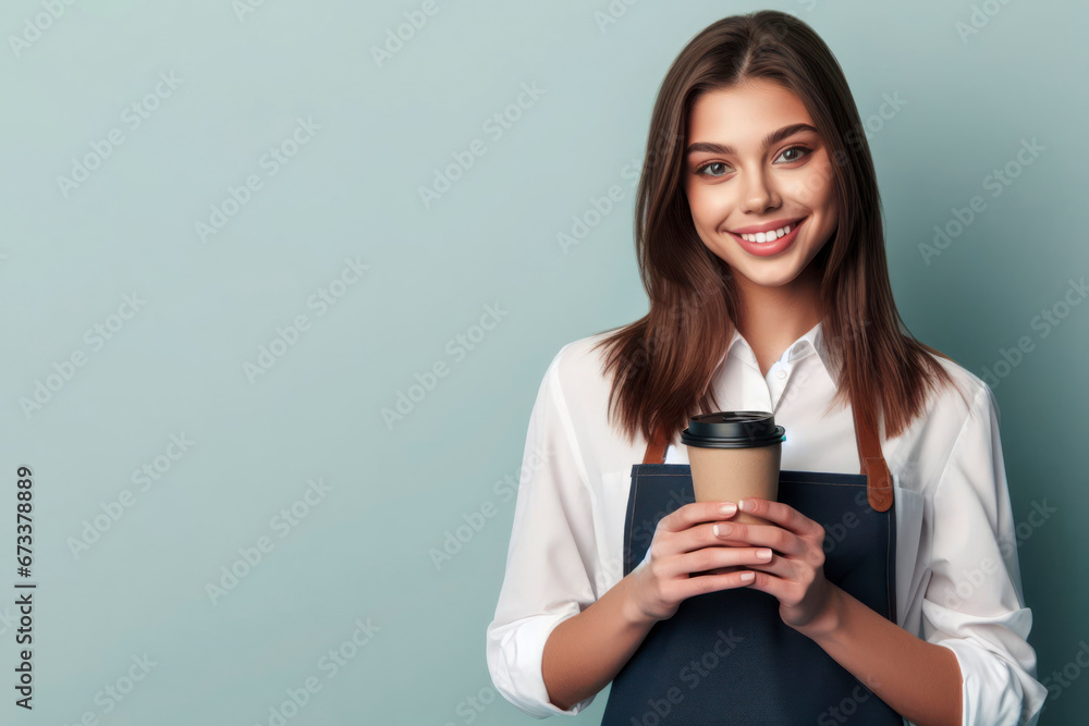 The barista girl smiles and holds coffee in her hands. ai generative The barista girl smiles and holds coffee in her hands. ai generative
