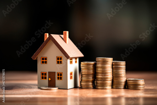Mini house on a stack of coins, symbolizing property investment, income, tax, and passive income. 
