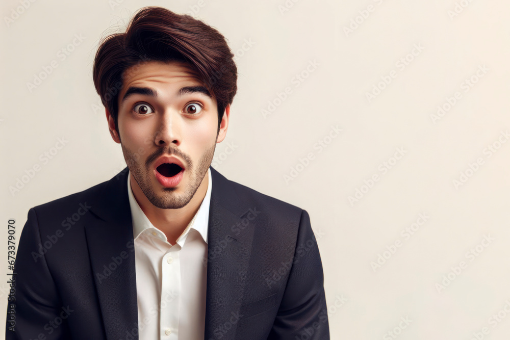 Young ultra handsome manager man was Surprised and excited, opening eyes and mouth. ai generative Young ultra handsome manager man was Surprised and excited, opening eyes and mouth. ai generative