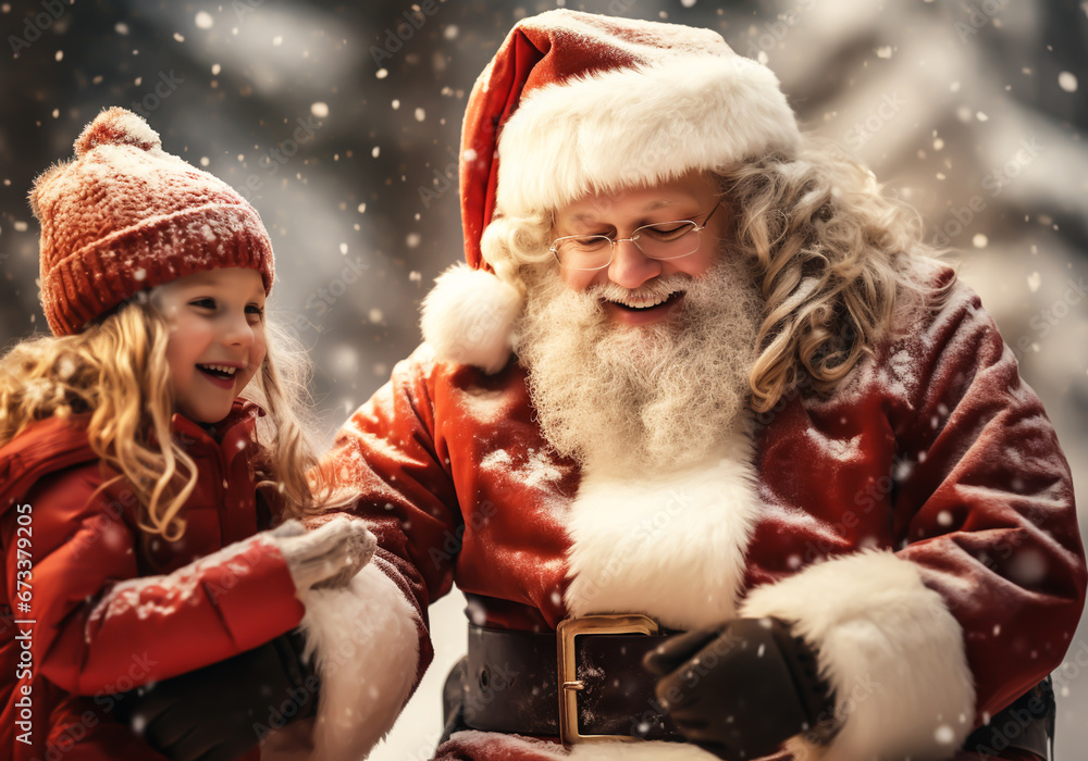 Santa Claus in happy conversation with children with falling snow. AI generative Santa Claus in happy conversation with children with falling snow. AI generative