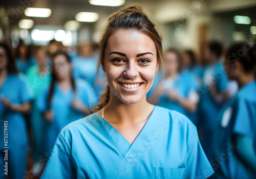 Portrait of a young nurse, dressed in uniform, next to her team at the hospital. AI generative