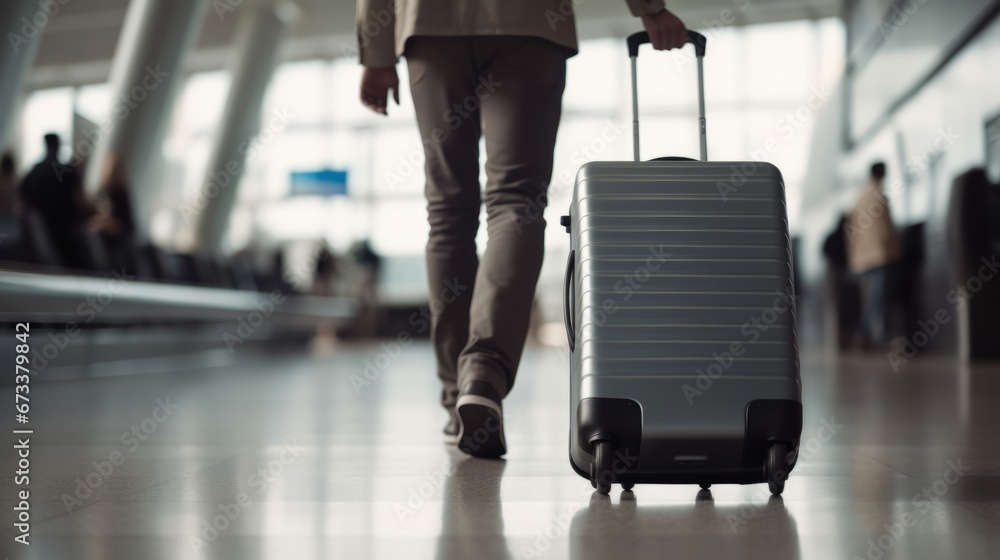 Fototapeta premium Man walking with Suitcase luggage is in the airport terminal, with airplanes outside the window on background