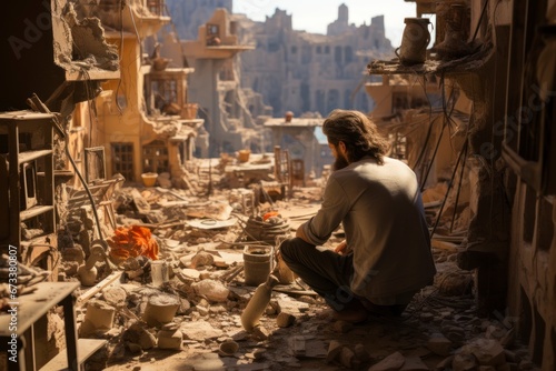 An artist creating a mural amidst the ruins  using the backdrop of destruction as a canvas for artistic expression and resilience.