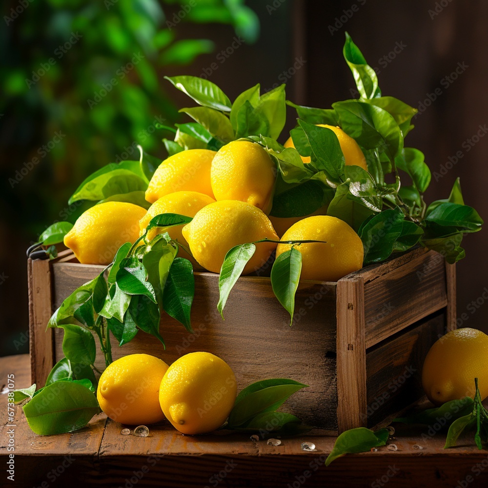 Wooden box of fresh lemons with tree leaves. Made with generative ai. 