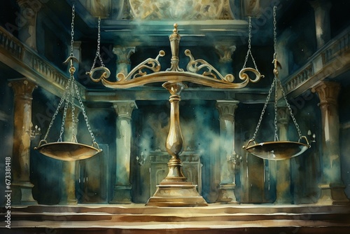 Watercolor illustration of a scales of justice in a dark court hall, symbolizing judiciary, jurisprudence, and justice. Copy space available. Generative AI