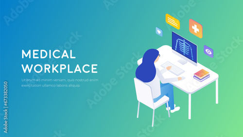 Medical workplace technology concept. Doctor female character at the desk future illustration. Online medical service isometry.