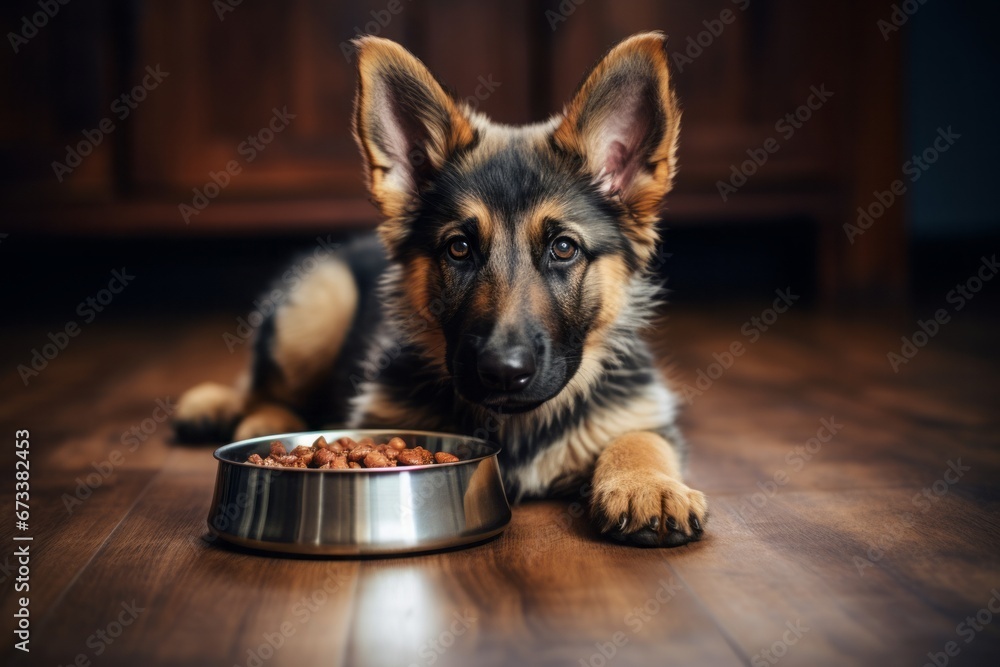 Puppy German Shepherd dog lying behind the bowl with kibble dog food, looking at the camera. - obrazy, fototapety, plakaty 