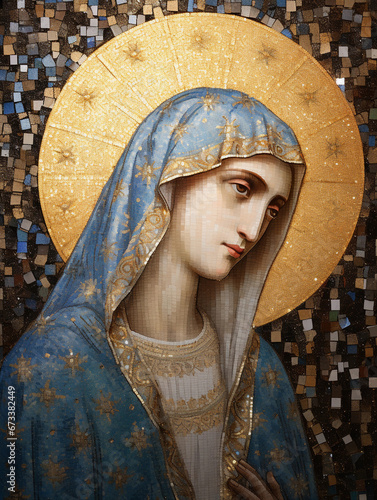mosaic of Virgin Mary, intricate detailing in golden tesserae for the halo, gentle and soft light illuminating the face