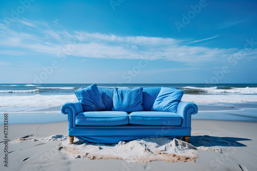 Blue sofa on the beach with blue sky. Generative AI © Philippe