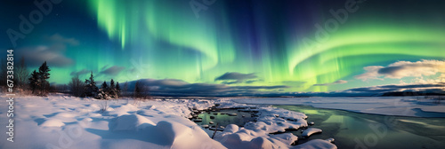 aurora borealis, snowy landscape below, ethereal green lights