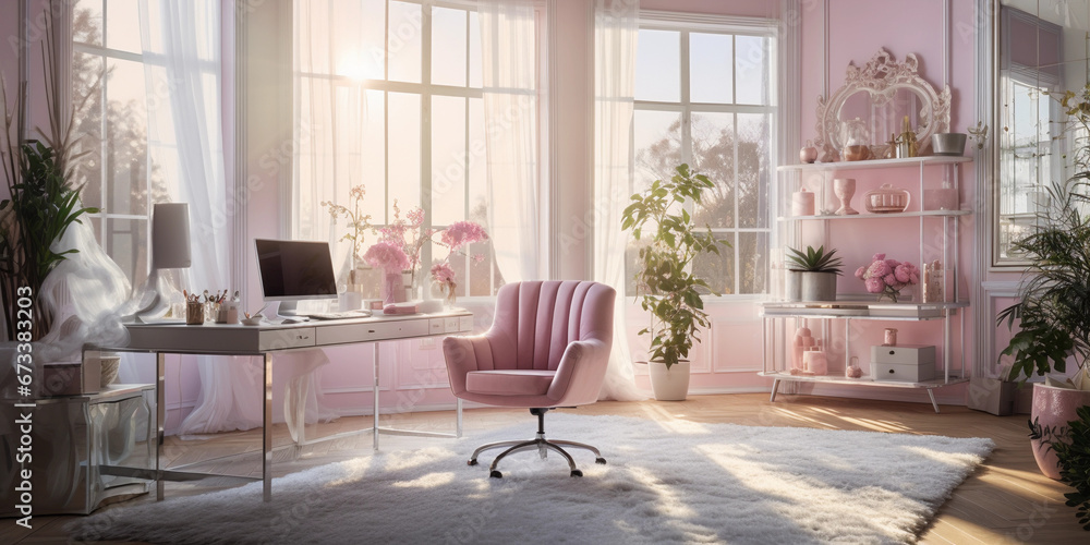 chic, feminine home office, pink hues, crystal chandelier, shag rug, mirrored furniture, early morning, soft natural light - obrazy, fototapety, plakaty 