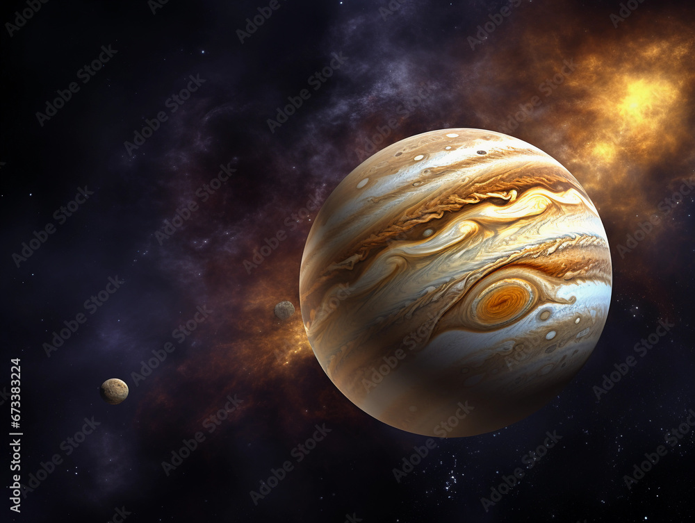 Jupiter and its Galilean moons, telescope view, rotating cloud patterns, extreme close-up Jupiter and its Galilean moons, telescope view, rotating cloud patterns, extreme close-up