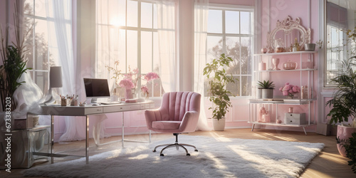 chic, feminine home office, pink hues, crystal chandelier, shag rug, mirrored furniture, early morning, soft natural light photo