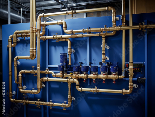 modern plumbing setup, PEX pipes with brass fittings, behind-the-wall perspective, well-lit like architectural blueprints