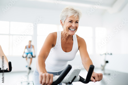 Smiling happy healthy fit slim senior woman with grey hair practising indoors sport with group of people on an exercise bike in gym.   © Jasmina