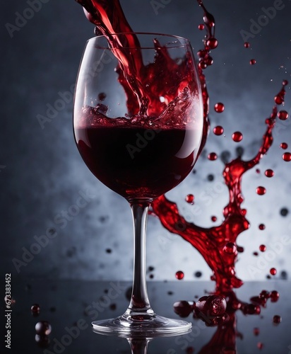 glass of red wine, dark marble background, exploding and splash, isolated blurry background

