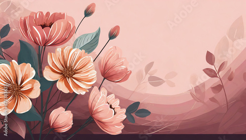 banner with beautiful flowers on a pink background, no text. Romantic vector design for header of website, wallpapper