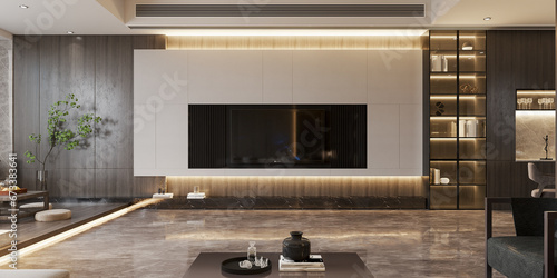 living room with tv cabinet and plaster walls and wooden floor, living room with glass shelf  ,  interior design concept , 3d illustration