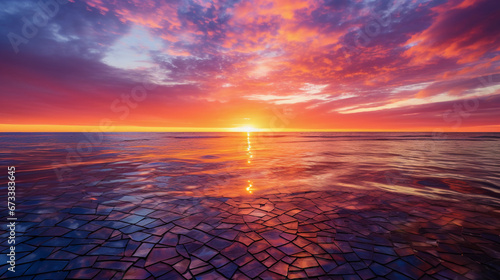 sprawling ocean sunset, tesserae in shades of orange, red, and purple, capturing the natural gradient of the sky meeting the sea, golden sun reflections on water photo