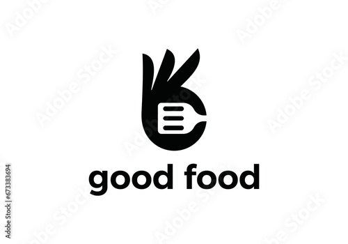 hand and spatula logo, good food, restaurant, chef, menu design icon template