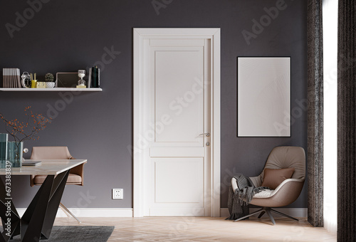 dining room with door,single sofa Interior wall shelf with dining table and photo frame mockup ,single gray wall background with carpet on wooden floor photo