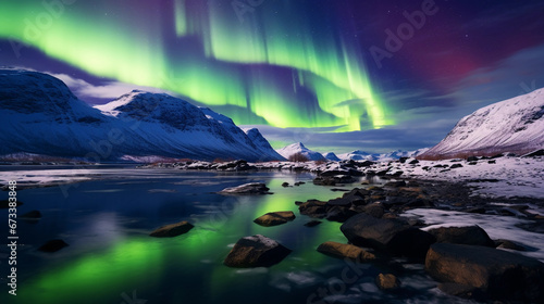 Northern Lights over an icy fjord, Norway, vibrant green and purple colors, water reflections